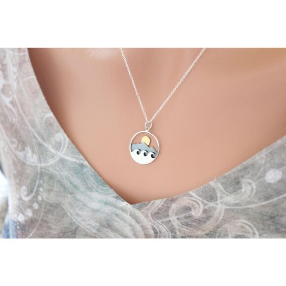 Sterling Silver Mountain and Ocean Pendant with Bronze Sun Necklace - Picture 3 of 5